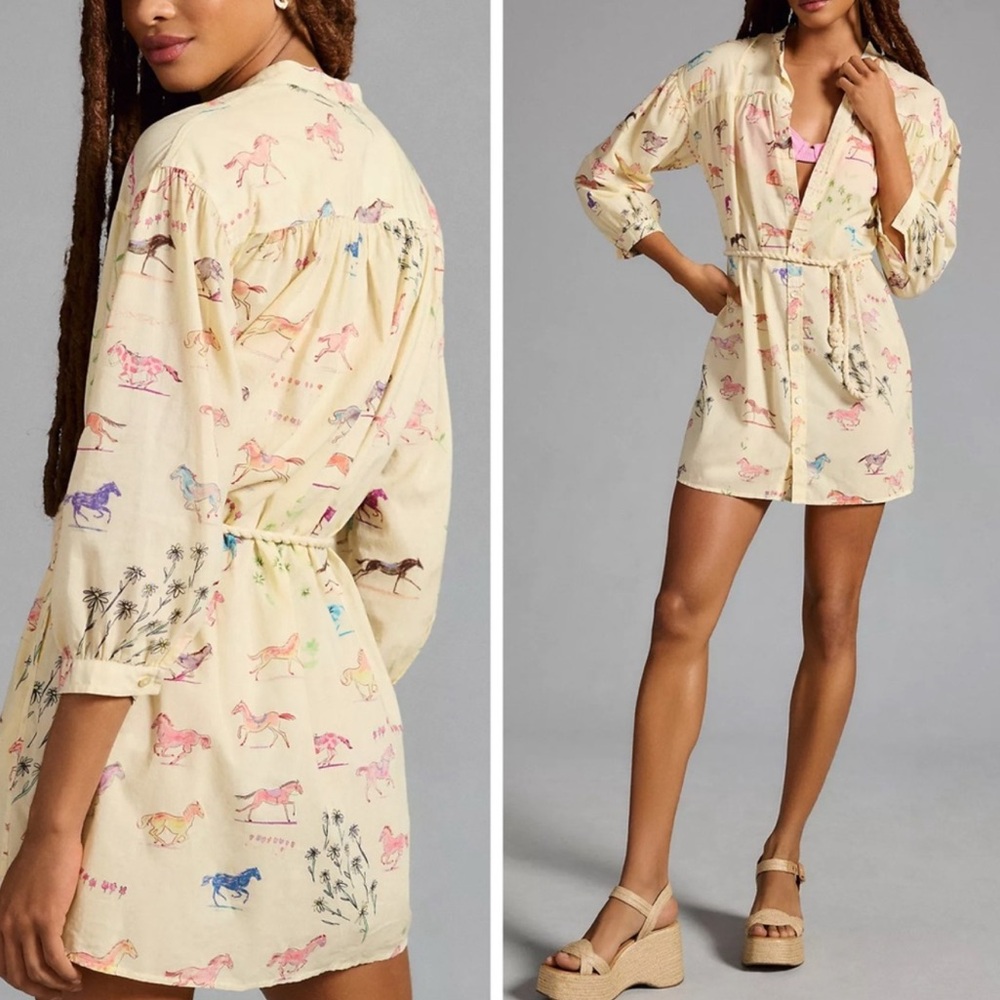 NWT MOTHER The New To Town Shirt Dress Mini Cotton Goodbye Horses Size XS